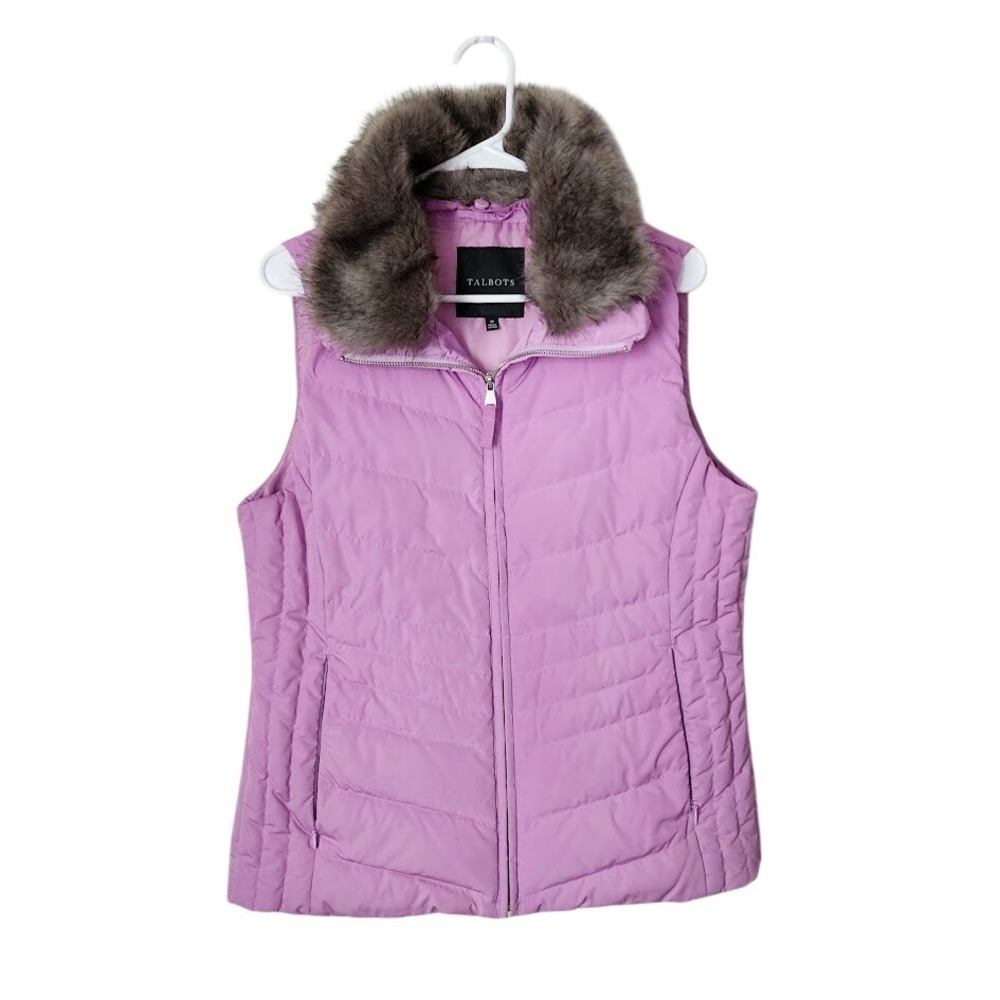 TALBOTS Lilac Purple Goose Down Puffer Vest Removable Faux Fur Collar M‎